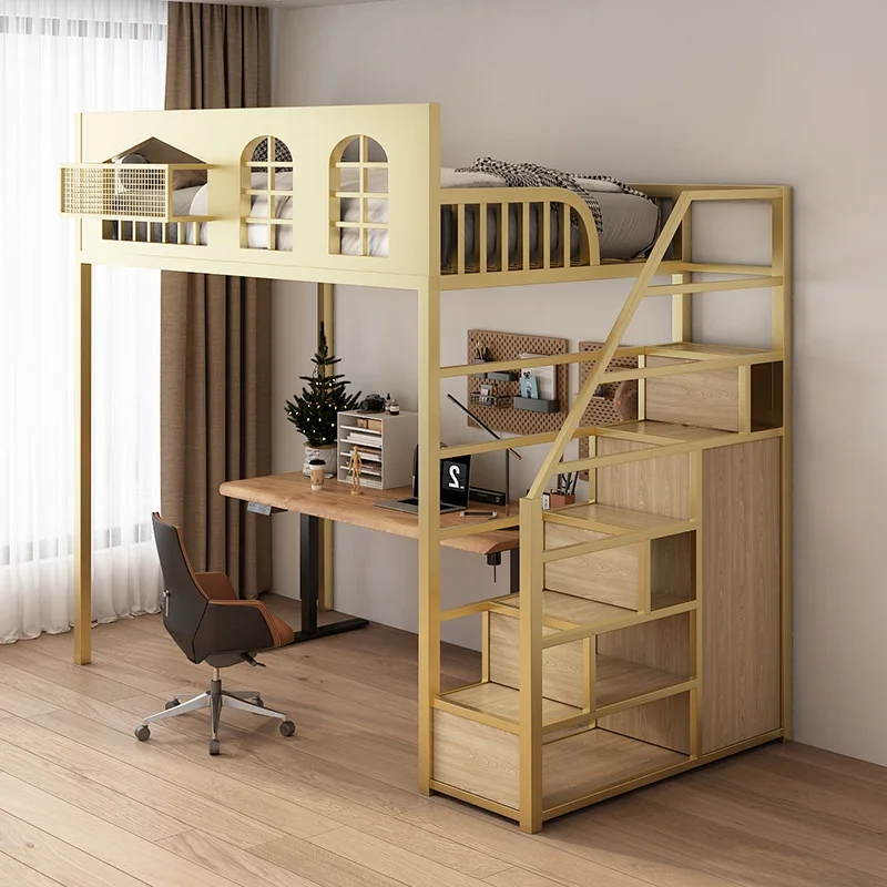 Cama individual de hierro forjado para niños, piso superior, apartamento pequeño debajo de la mesa, cama elevada, segundo piso, ahorro de espacio