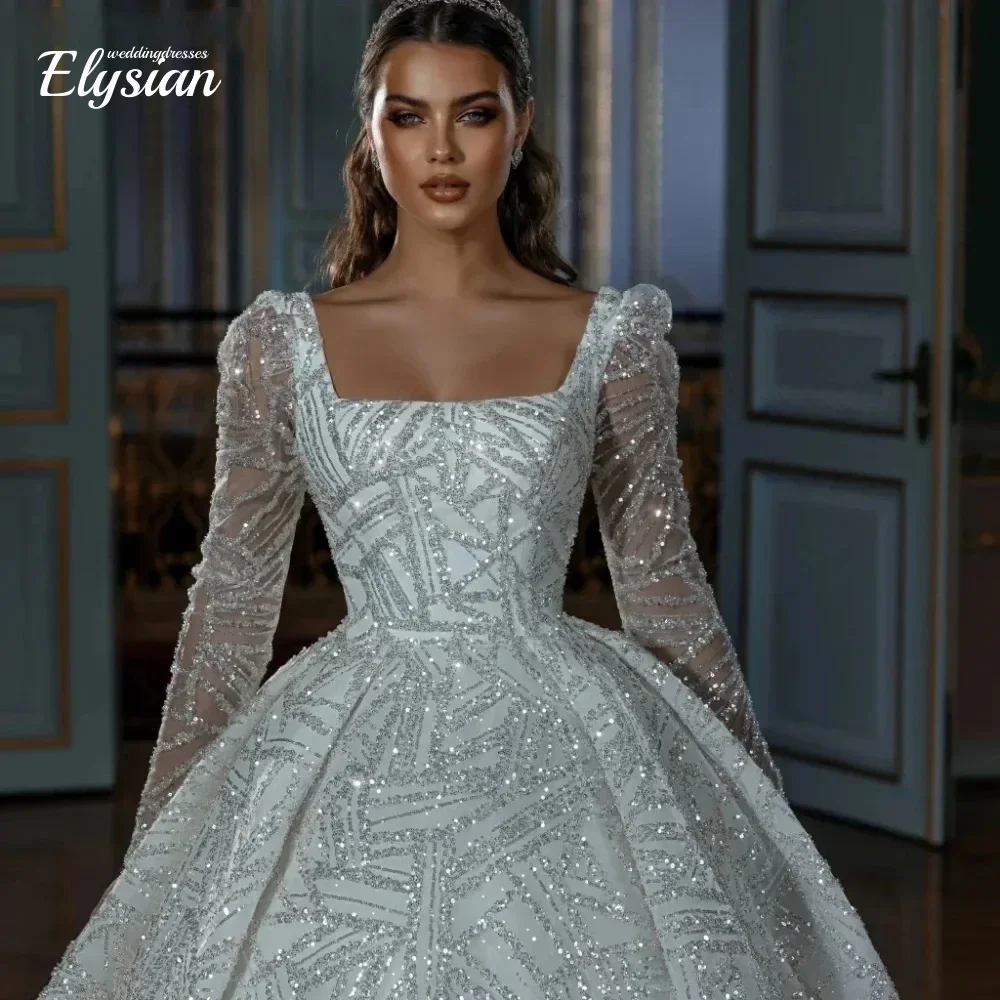 Customized luxury Ball Gown Square Neck Wedding Dress Sparkly Sequined Beading Long Sleeves Bride Gown Vestido De Novia