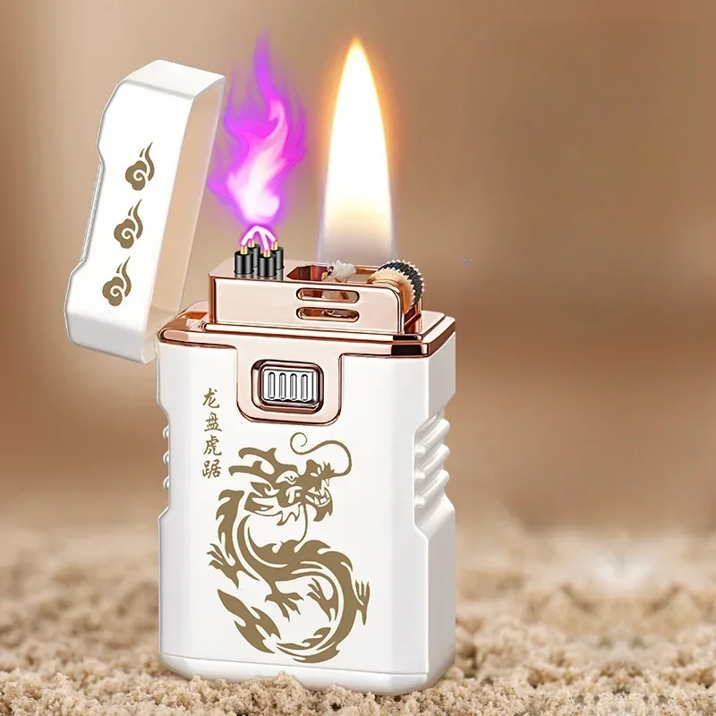 Creative Silver Plated Oil Electric Double Flame Windproof Open Flame Kerosene Lighter Dual Arc Pulse Type-C Electric Lighters