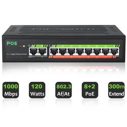10Ports Network Switch 100/1000Mbps POE Switch Gigabit Ethernet Switch 52V 120W Bulit-in Power Supply with VLAN for ip camera