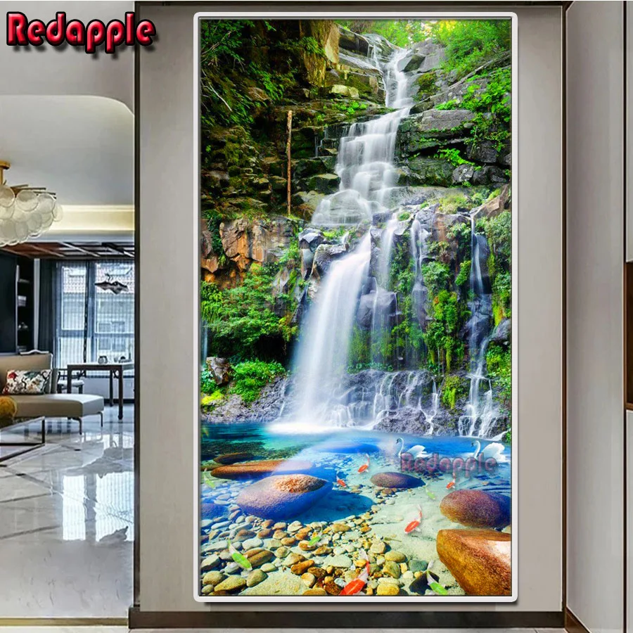 Large Size Waterfall Diamond Painting for Entrance Decoration, Full Square or Round Diamond Embroidery, Koi Mosaic Art, Swan Lak