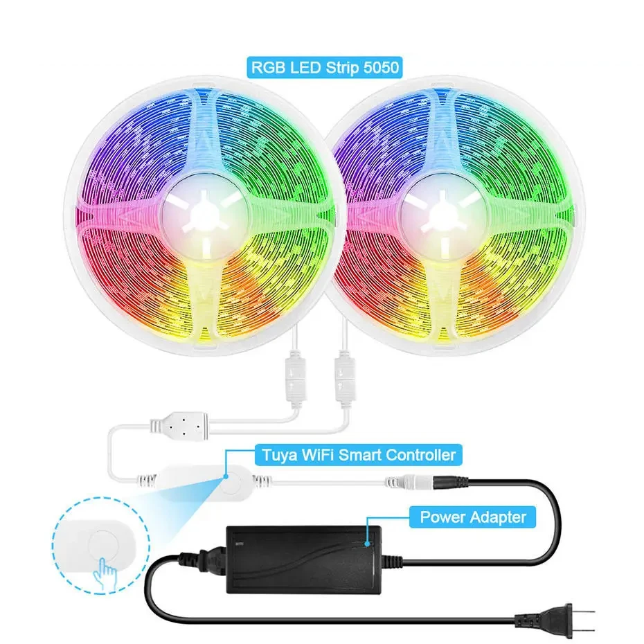 

Умная Светодиодная лента Tuya с Wi-Fi, RGB 5050, 12 В, 5 м, 10 м, 20 м, 30 светодиодов/м, дистанционное управление через приложение, украшение для умного дома, совместим с Alexa, Google Home