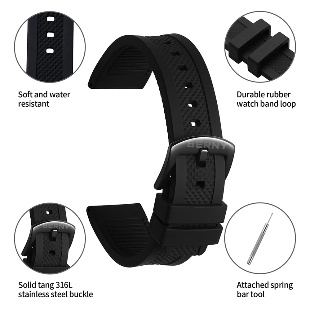 22mm Silicone Watch Bands Waterproof Replacement Steel Buckle Watch Straps Stainless Accessories Soft Rubber Watchbands for Men