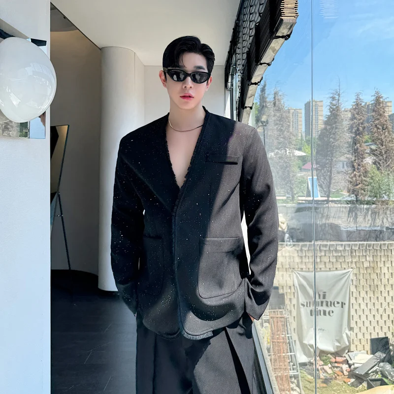 

Мужской повседневный пиджак с V-образным вырезом, без воротника, для весны и осени, для ночных клубов, модный брендовый жакет для отдыха