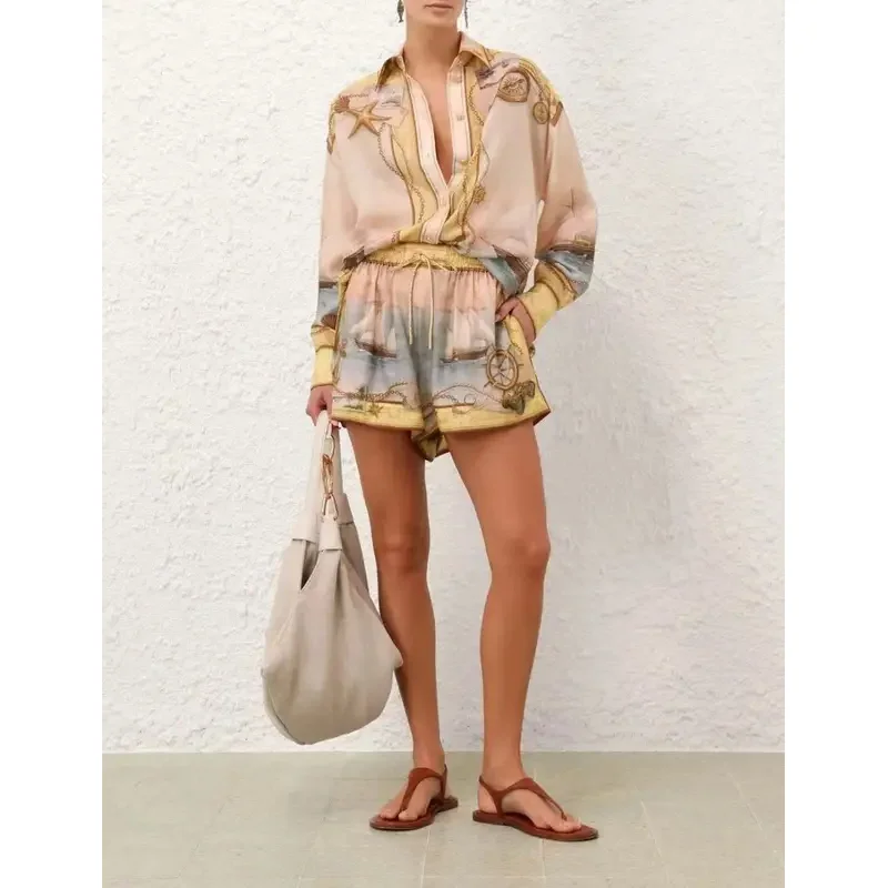 

Yellow Women Clothing Starfish Sailboat Position Print Long Sleeve Blouse Tops and Shorts Set