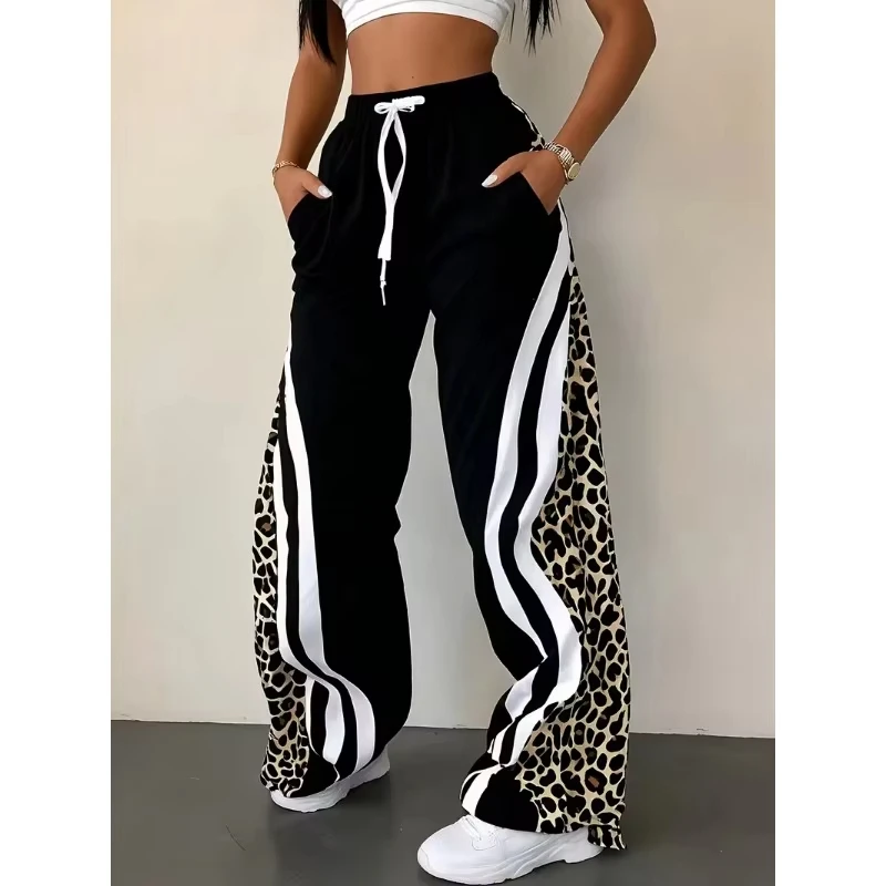 2026 Unisex Summer Quick Dry Wide Leg Pants Leopard Print Spliced White Side Stripe Elastic Waist Hip Hop Sports Streetwear
