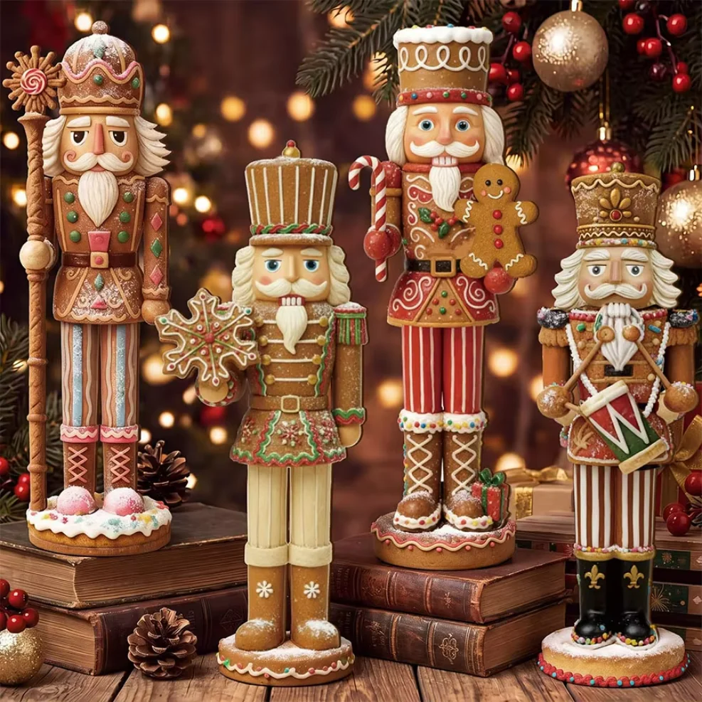 4-Piece Set of Wooden Christmas Nutcracker Soldier Table Decorations,Gingerbread-Style Nutcracker Soldier Stand Figures