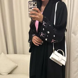 Bowknot haftowana satynowa abaja dubajska dla kobiet, muzułmańskie kimono, otwarty przód, odzież islamska, odzież imprezowa hidżabów, Ramadan Eid