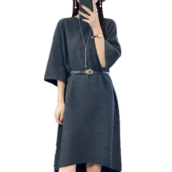 Casual loose women's 100% pure wool cashmere dress short sleeve knitted women's new pullover wool dress sweater spring long styl