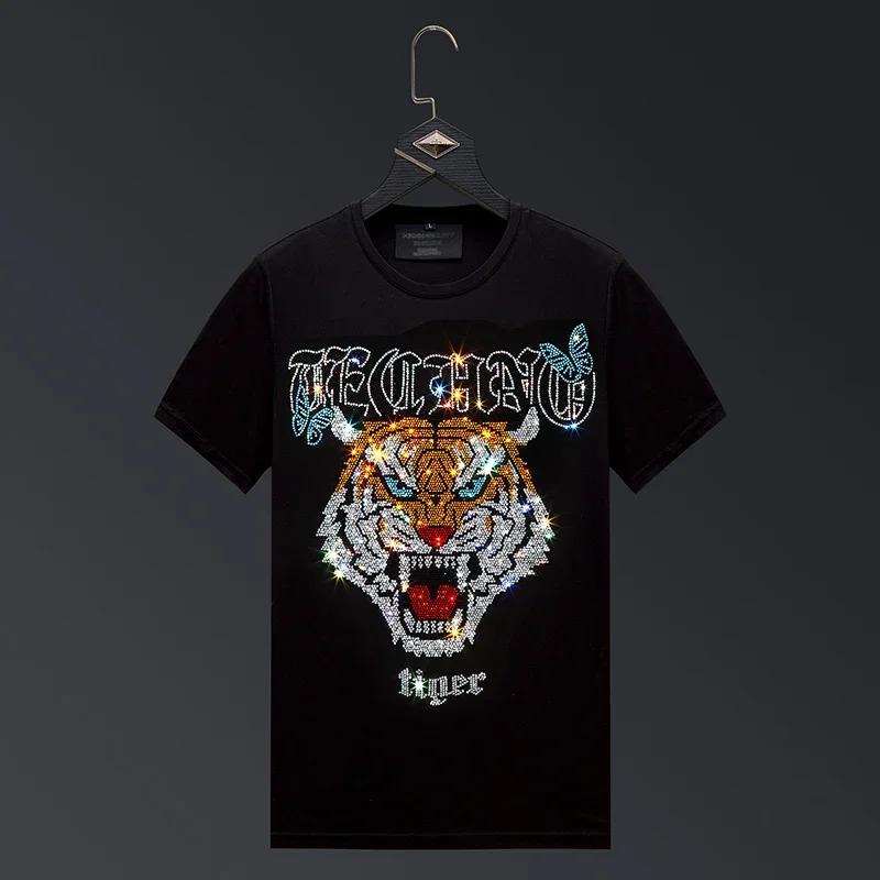 

2024 Tiger Rhinestones T Shirts for Men Brand Fashion Streetwear Slim Modal Cotton O Neck Short Sleeve T-shirts Plus Size 6XL