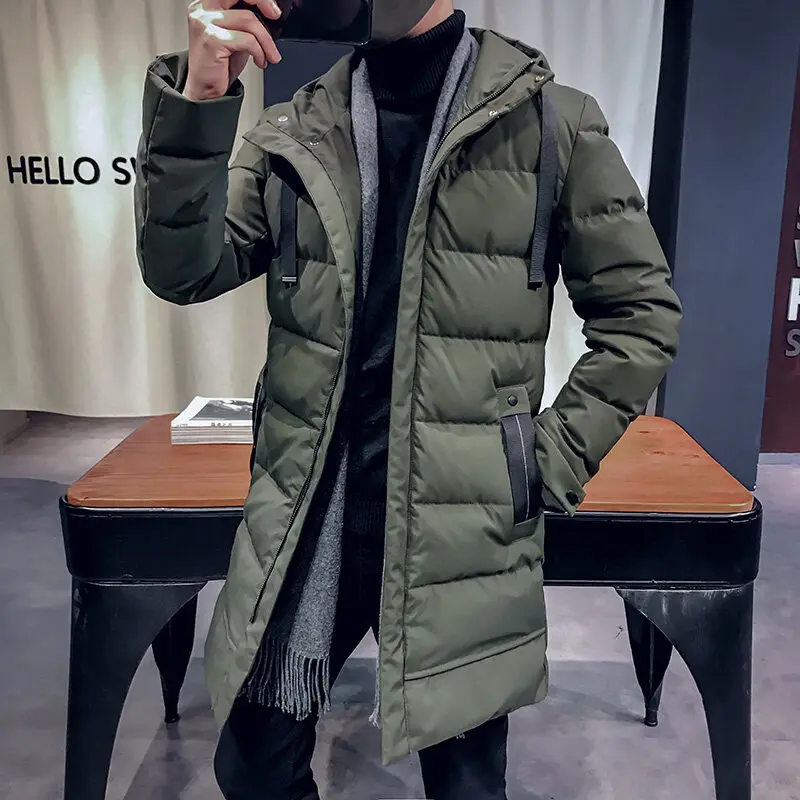 Winter Men's 2023 New Combination Mid Length Hooded Zipper Pocket Lacing Solid Color Slim Fit Thickened Cotton Long Sleeved Coat