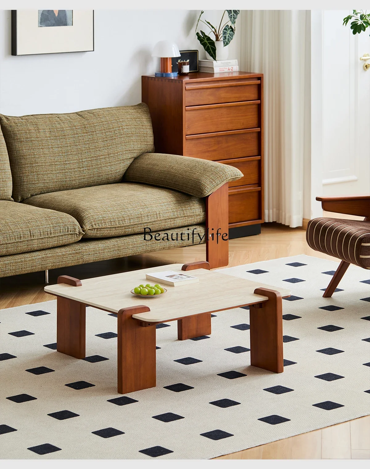 

3 Solid Wood Coffee Table Italian Minimalist Style Rock Plate Square Low Table