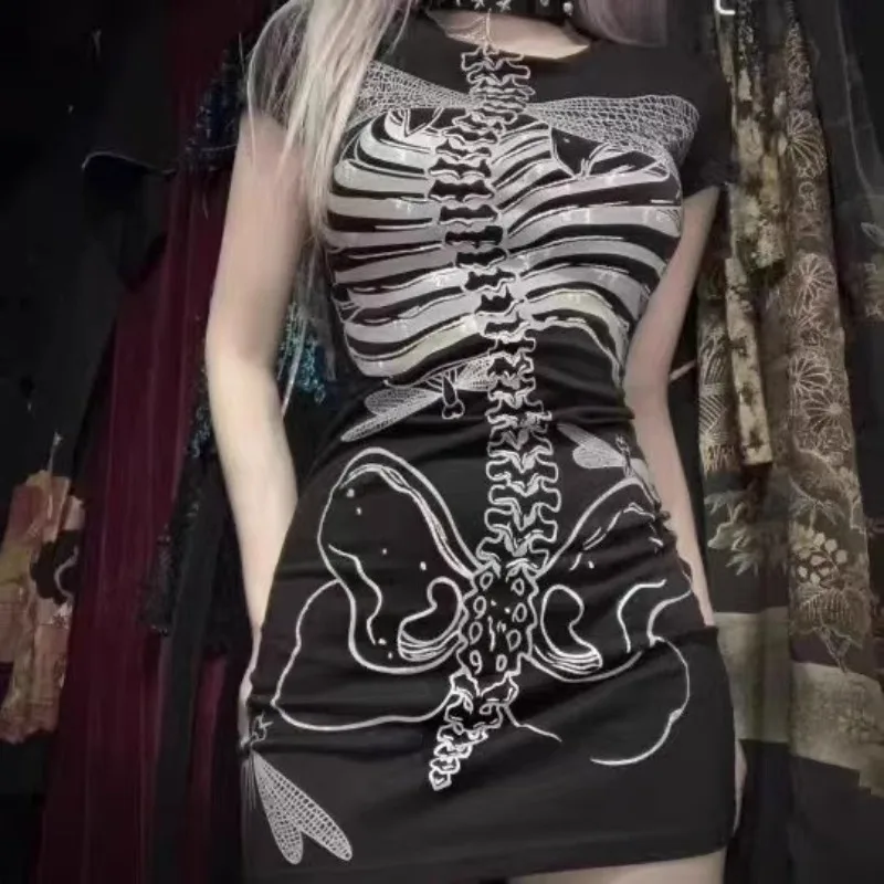 Subculture Punk Y2k Goth Skeleton Print Dress Female Slim Outwear Dress Trend Black Mini Wrap Hip Sexy Bone Gothic Dresses