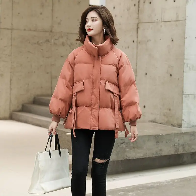 Women 2023 New Down Cotton-padded Jacket Short Korean Loose Ins Thick Bread Coat with Button Thread Fashion Pure Color