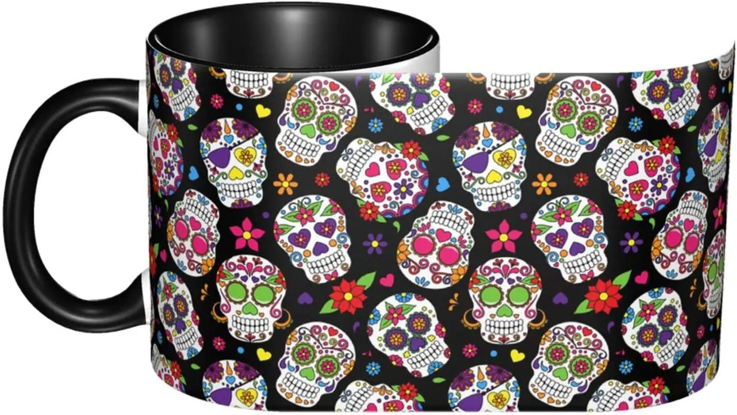 كوب قهوة مضحك على شكل جمجمة السكر الميت كوب شاي من السيراميك المكسيكي مبتكر للهدايا كوب شاي حليب من السيراميك للرجال والنساء 11 أونصة