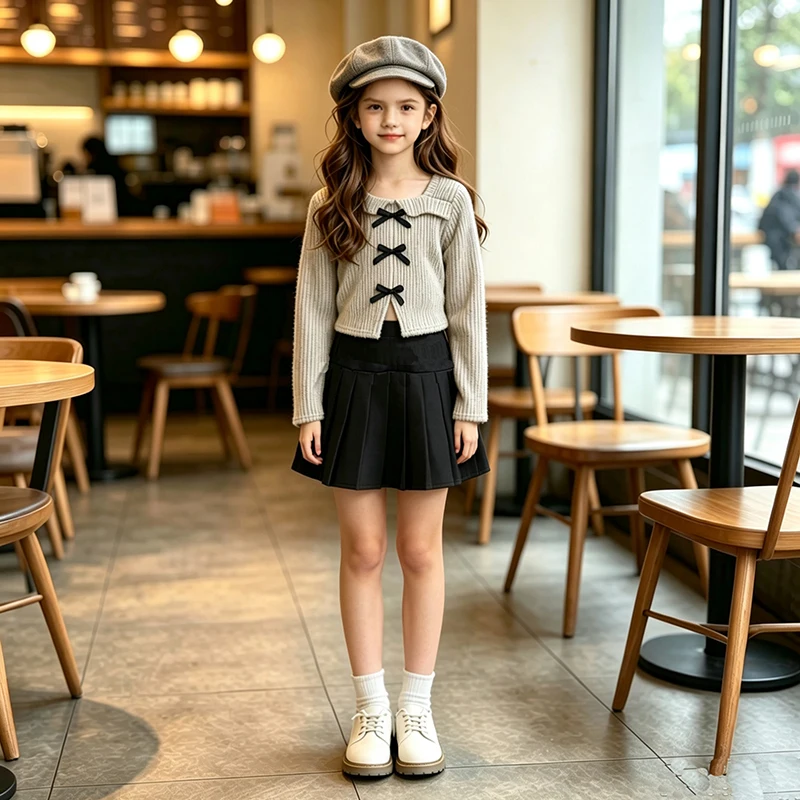 Girls 8‑12 Years Spring Fall Suit Ribbed Knit Long‑Sleeve Blouse Bow Ornament High‑Waist Pleated Skirt Girls Casual Outfit