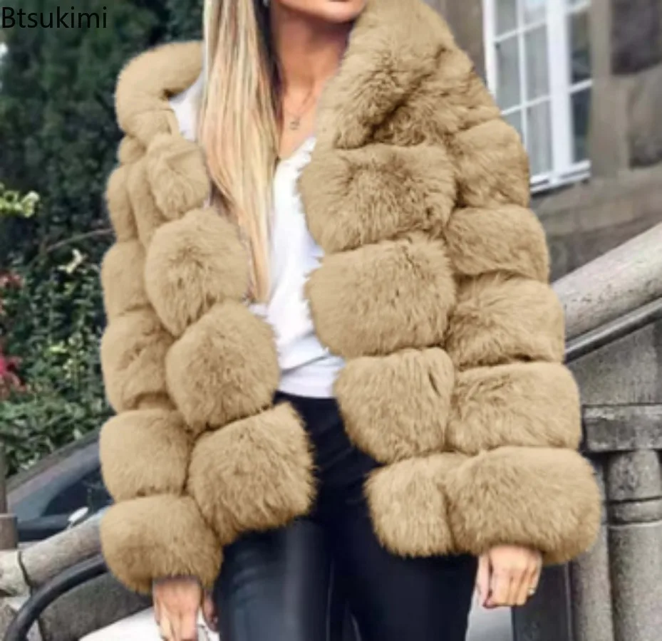 Women Imitation Fox Fur Patchwork Faux Fur Coat Hooded Loose Long Sleeve Thick Warm Jacket Winter Fashion Outerwear Streetwear