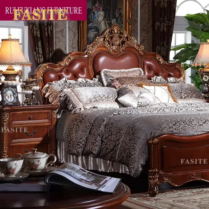American-style Luxury Cork-carved Genuine Leather Double Bed, King-size Bed, Classic Bedroom Furniture Set.