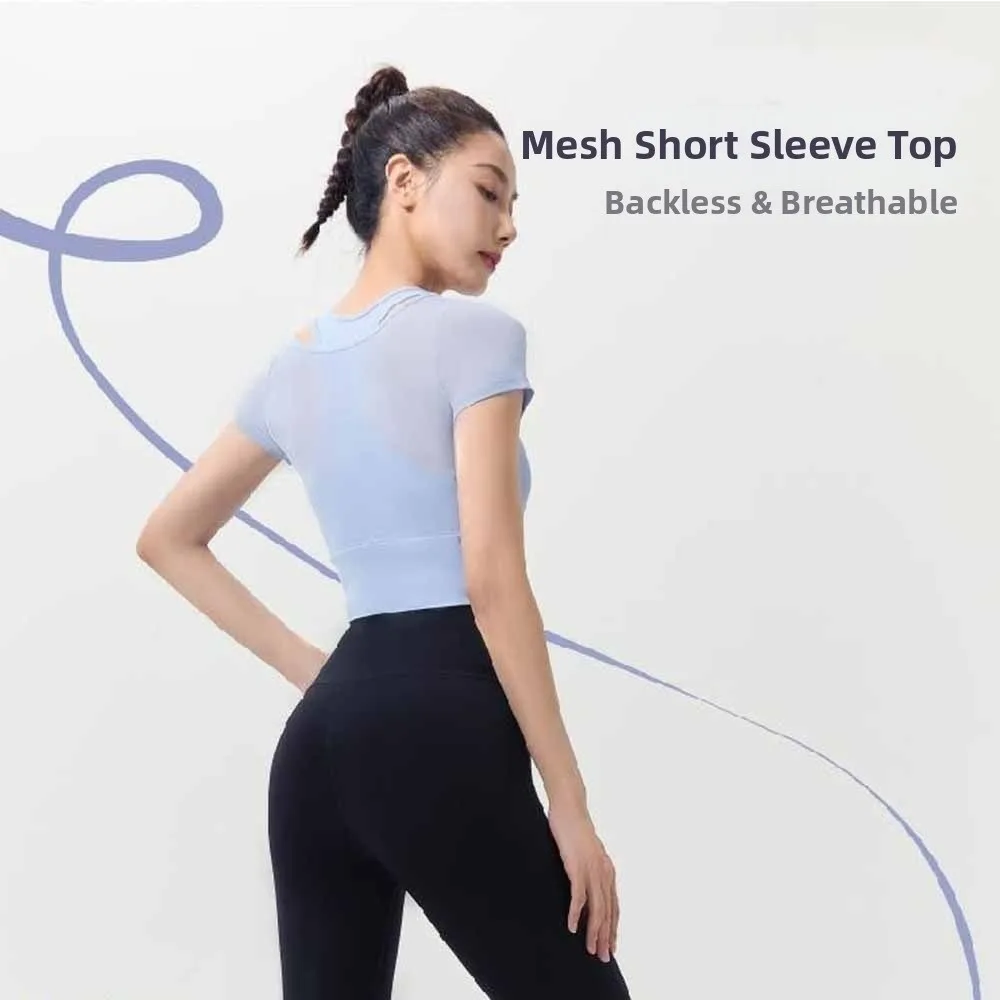 

Sports Underwear Short Sleeve Women Yoga Shirts Padded Mesh Sports Tees Fake 2 Pieces Breathable Fitness Sportswear Yoga