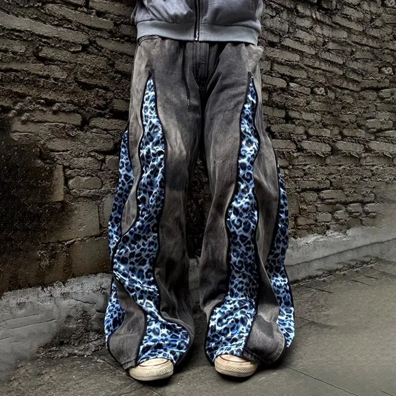 MWJLPWQ Tie-Dye Leopard Print Patchwork Jeans Men's Niche Streetwear Hiphop Baggy Casual Wide Leg Pants 2026 Autumn New 16652