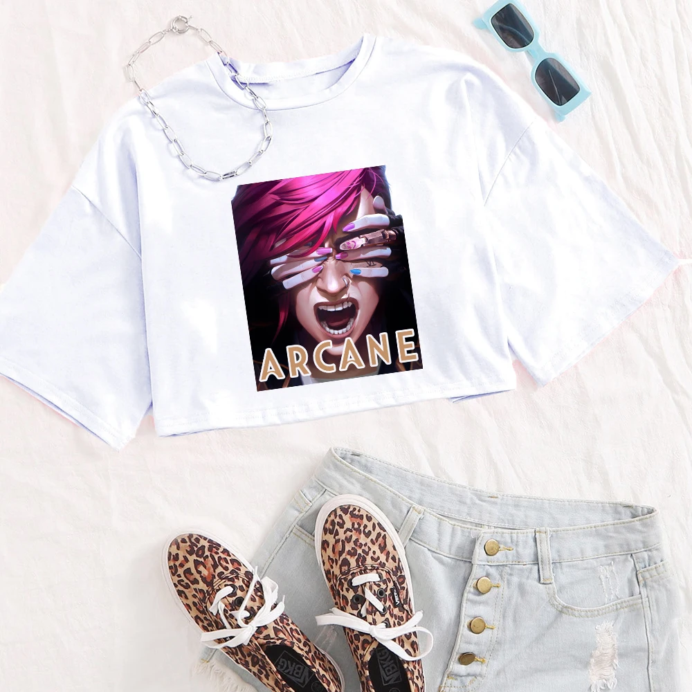 Arcane Vi & Jinx Girls O-Neck Casual Women Crop Shirts