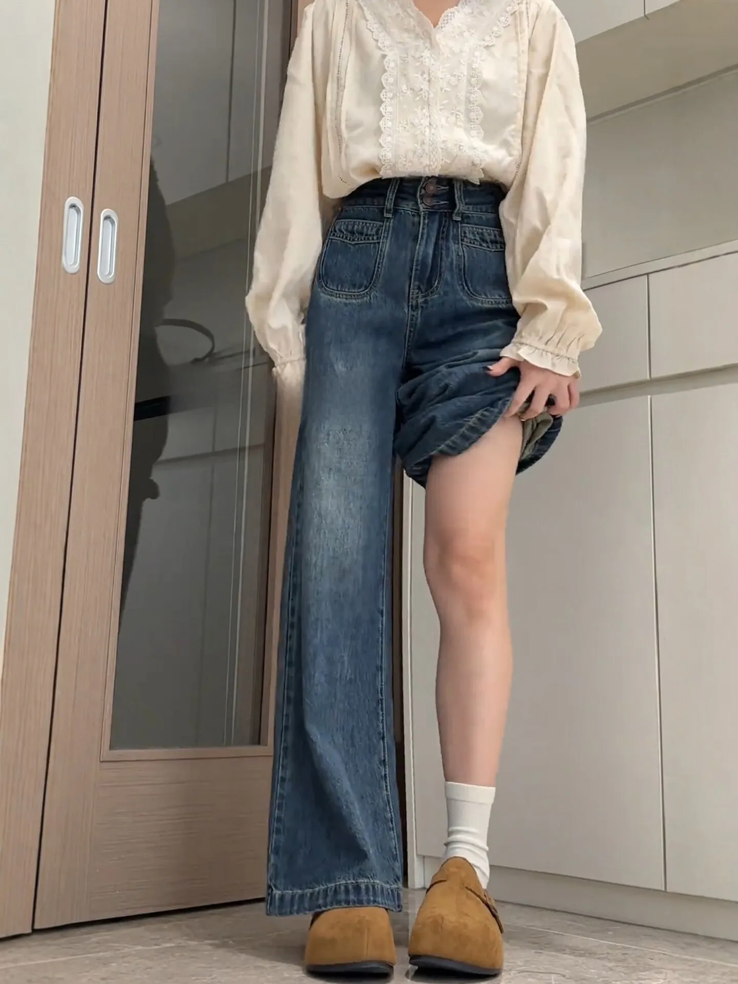 Retro High Waist Wide Leg Blue Jeans Women's Loose Straight Floor-Length Pants Casual Comfortable Slimming All-Match