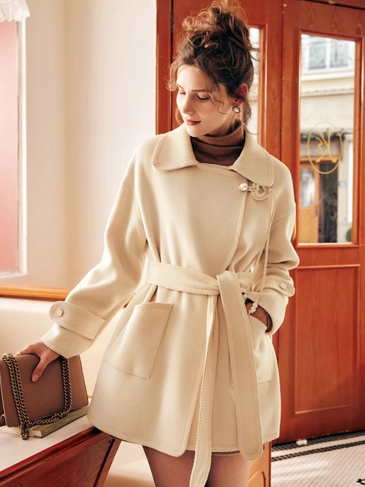 

OLrain Double Faced Wool Coat for Women 2025 Winter Plaid Pattern French Lace-up Mid Long Casual Versatile Outwear O22DN66318