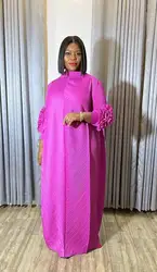 Women Eid Muslim Dresses Solid Dubai Abaya Modest Kaftan Shirring Embroidery Casual Dress Floor Length Flowers Pleated