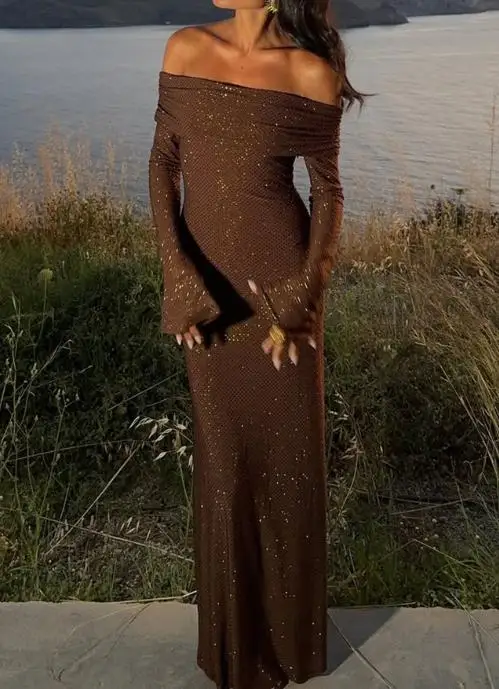 

Elegant Temperament, Solid Color Long Sleeved Dress, Autumn Women's One Cut Collar, Cinched Waist, Flared Sleeves, A-Line Dress