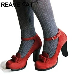 REAVE CAT Women Pumps Flock Suede Round Toe Chunky High Heels Bownot Size 41 42 43 30 31 Elegant Party Female Shoes Summer