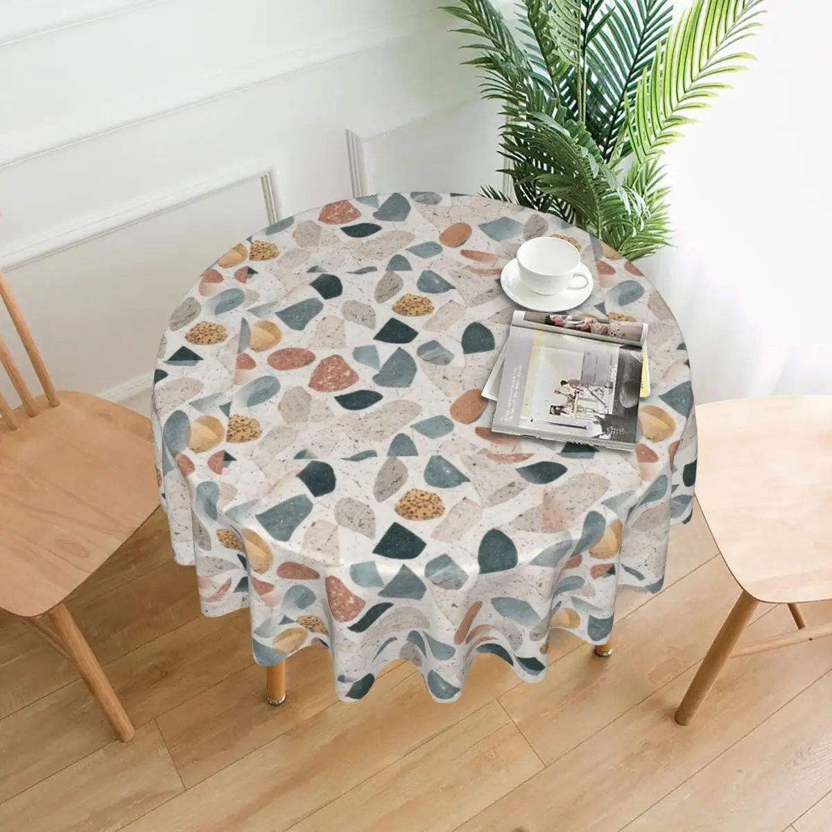 Seamless Terrazzo Stone Pattern Waterproof Round Tablecloth Oilproof Table Cloth for Kitchen Events Dining Table Cover 60 inch