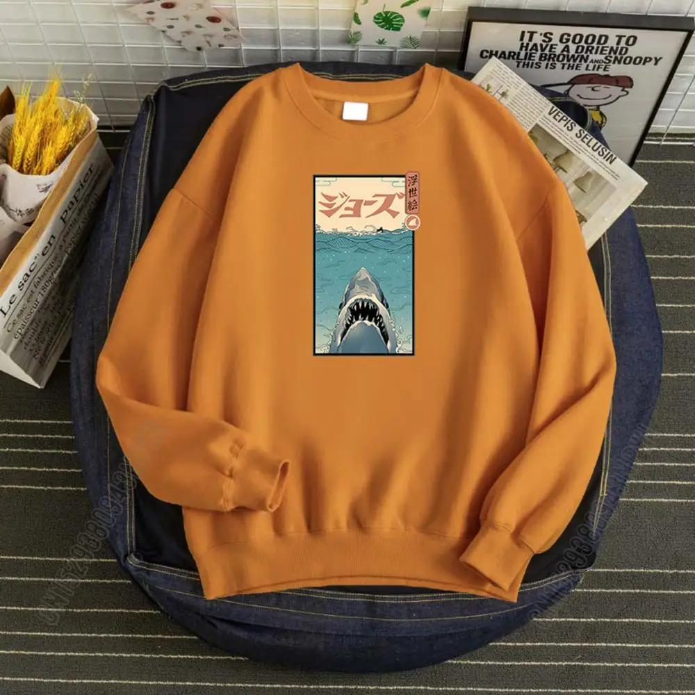 Shark In The Sea With Japanese Ukiyo E Sweatshirt Street Fashion Pullovers Korean Autumn Sweatshirts Vintage Men Clothing