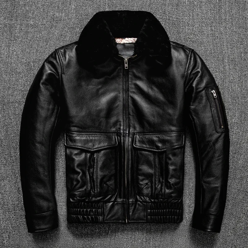 YR!Wholesales.Classic US G1 style men genuine leather jacket.black plus size cowhide coat.top gun warm cotton cloth