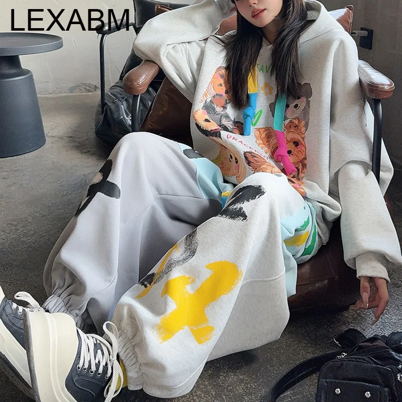 

Cute Dog Print Oversized Hoodies Two Piece Sets Tracksuit Woman Outfits 2025 Autumn Winter Y2k Clothes Casual Pant Sets