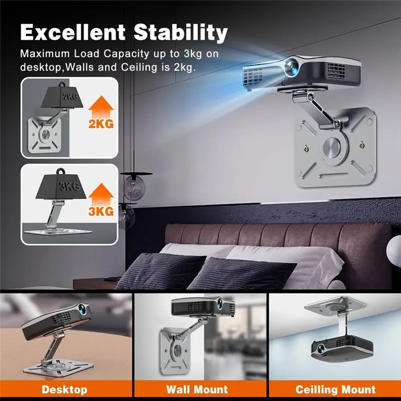 N34R-Projector Stand Desk Mount 360-Degree Rotation Projector Holder With 1/4