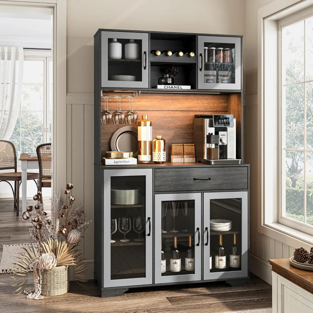 Garde-manger de cuisine avec portes en verre, armoire à vin française avec lumières LED, étagères réglables, MEL, 71 po de haut