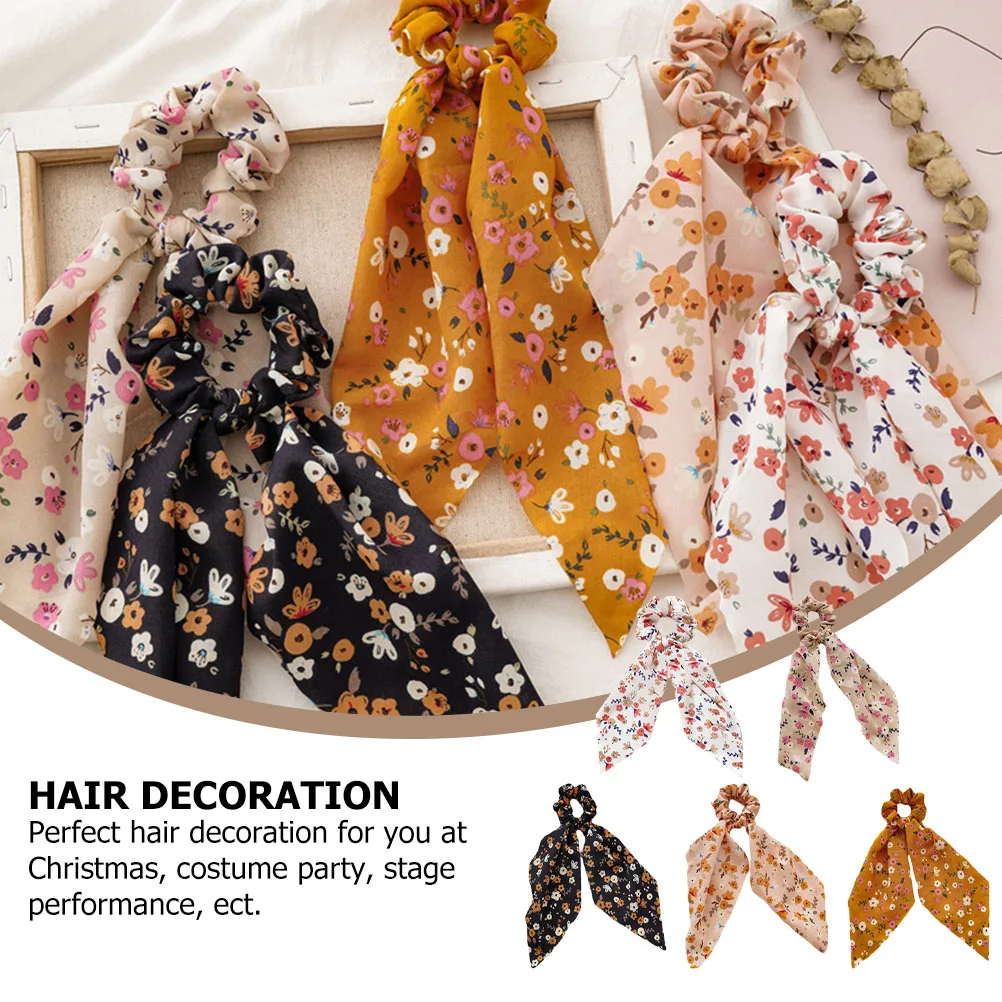 

5 Pcs Floral Hair Ring Ties for All Types Printing Sweet Scarves Polyester Elastic Scrunchies