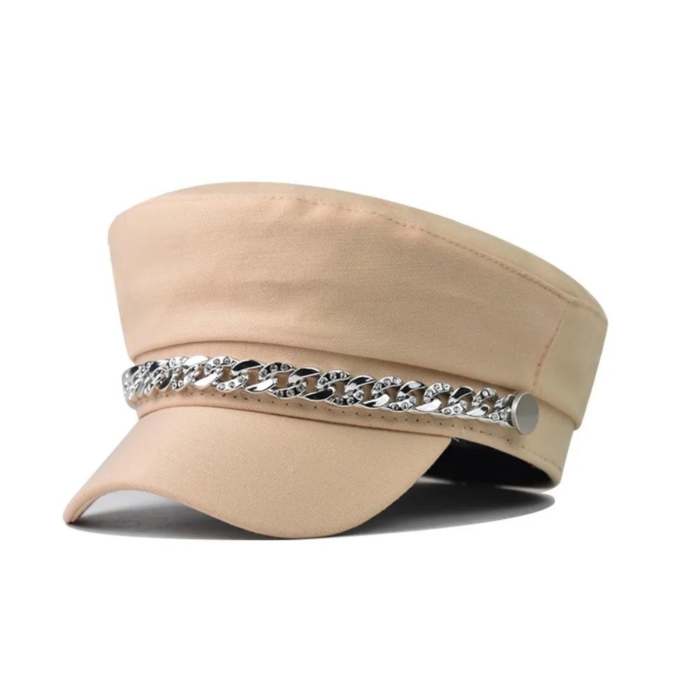 Elegant Rhinestone Chain Decor Newsboy Cap Short Brim Flat Top Beret Hat Vintage Twill Fabric Baker Boy Hat Casual Outdoor Use