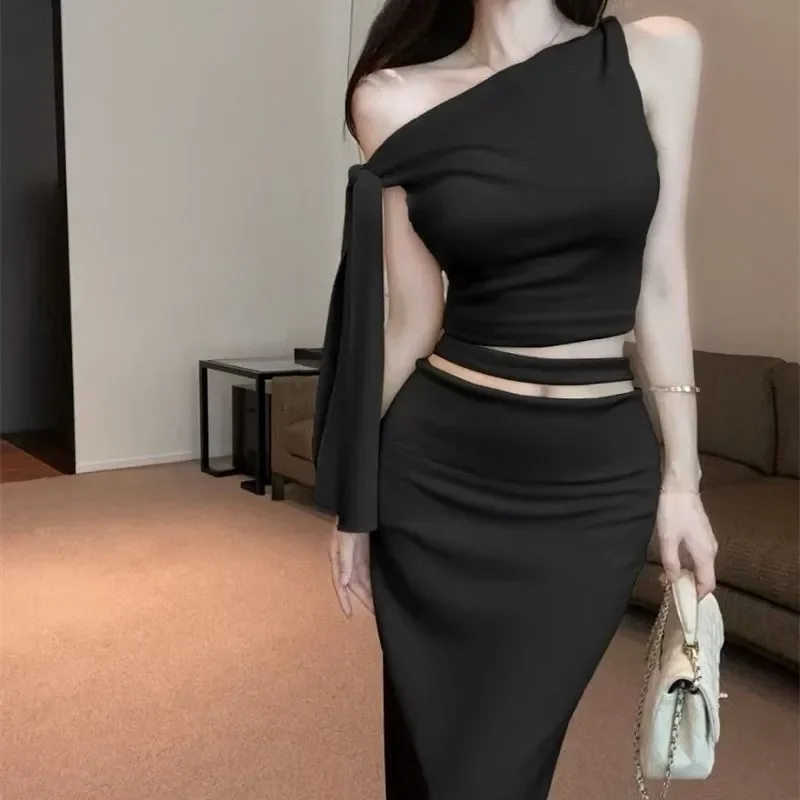 Women's One Shoulder Two Piece Set Ruched Crop Top Midi Skirt Elegant Party Outfit