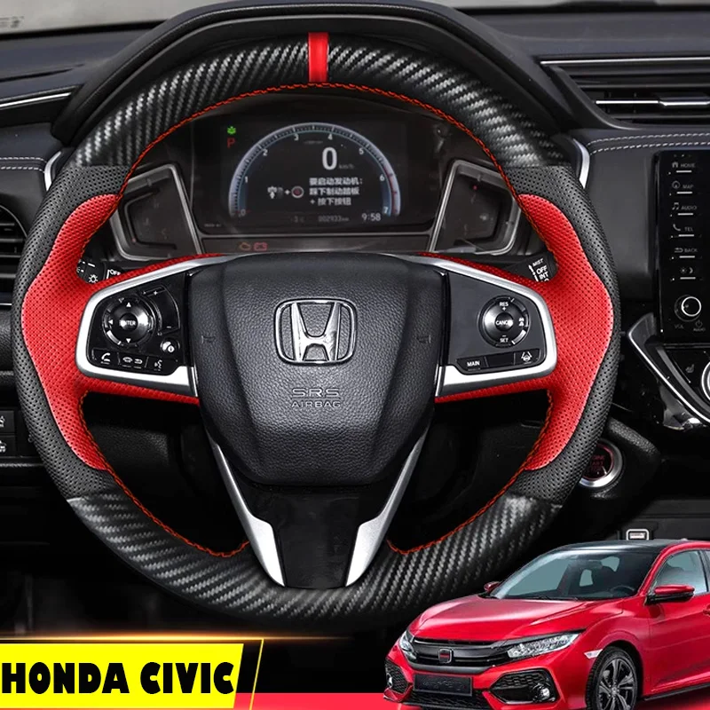 Braid Carbon Fiberf Leather Steering Wheel Cover for Honda Civic Sedan Rs 2016 2017 2018 2019 CRV Sports Style Car Accessories