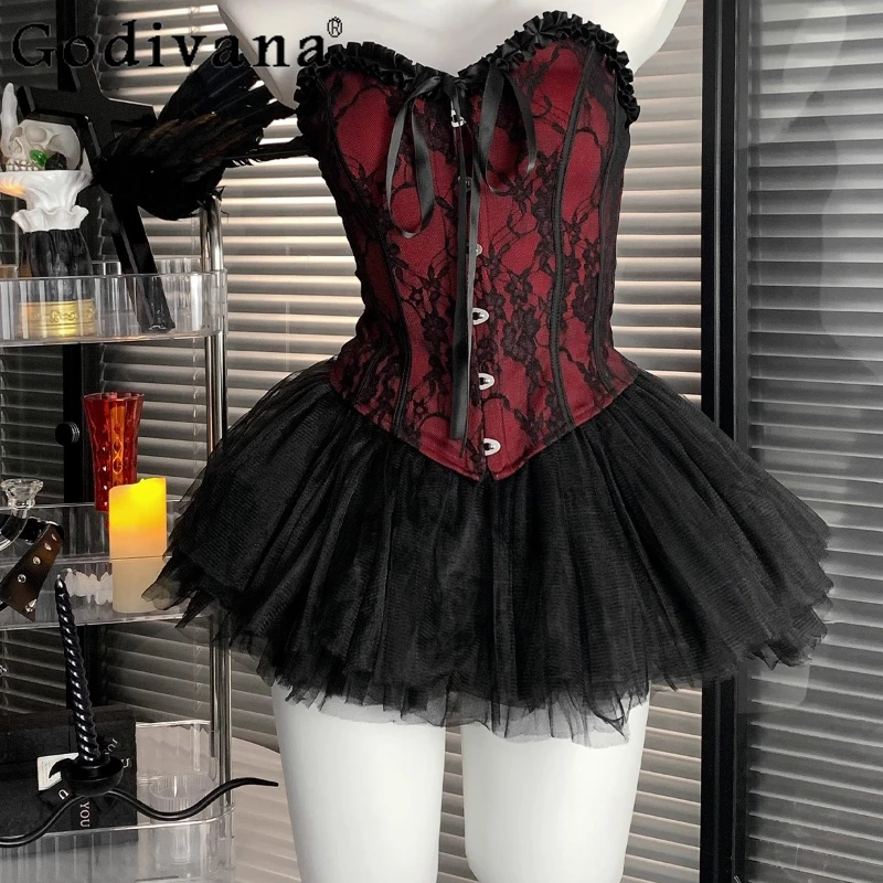 Women Fashion Vest Cute Mini Skirt Lace High Waisted Fluffy Cosplay Devil Set Female Retro Style Anime Outfit Adults Lingerie