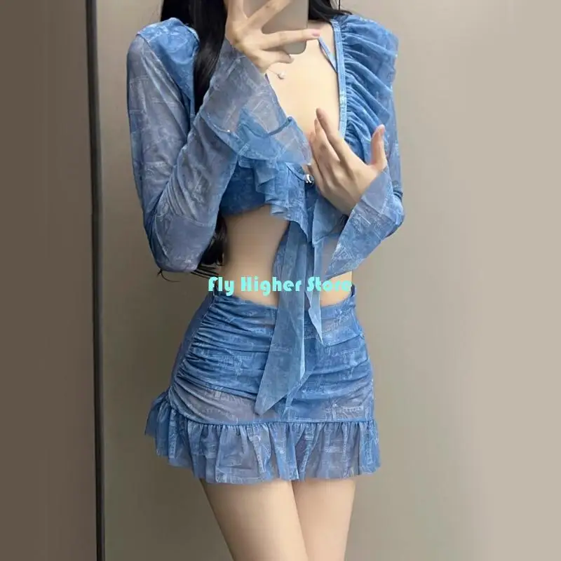 Women Bathing Suit Girls 4 Pieces Split Swimsuit Long Sleeves Halters Swimwear