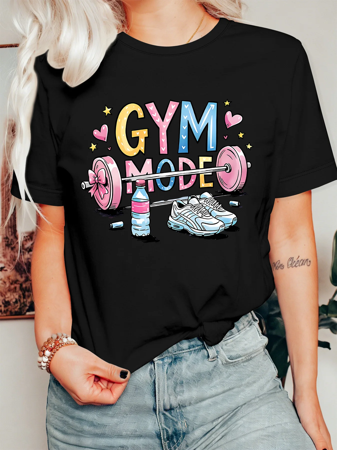 Gym Mode Barbell Sneaker Womens Crew Neck Short Sleeve T Shirt Cute Fitness Heart Star Fun Casual Graphic Tees For Ladies