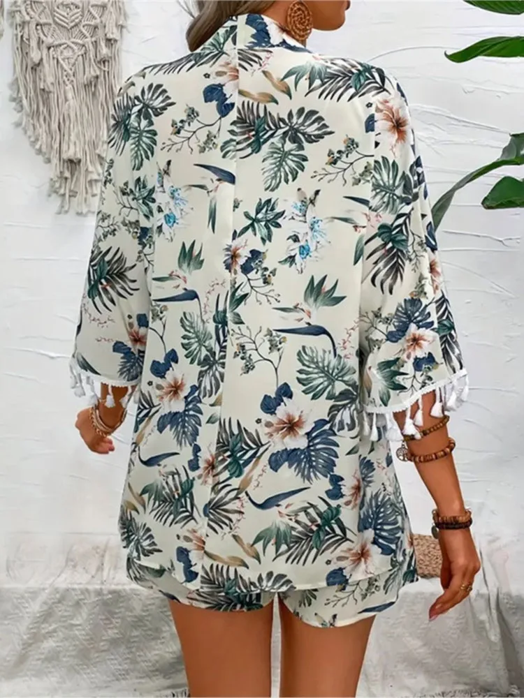 Frauen 2024 Neue Lose Hemd Strand Hosen Set Gedruckt Quaste Kurze Zwei-stück Tops Für Frauen Mode Lässig kordelzug Shorts Set