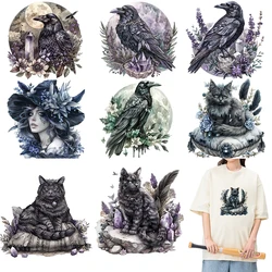 Crow Black Cat Witch Iron on Patches for Clothes Transfer DTF Transfers Ready to Press Patch Shirts Heat transfer stickers