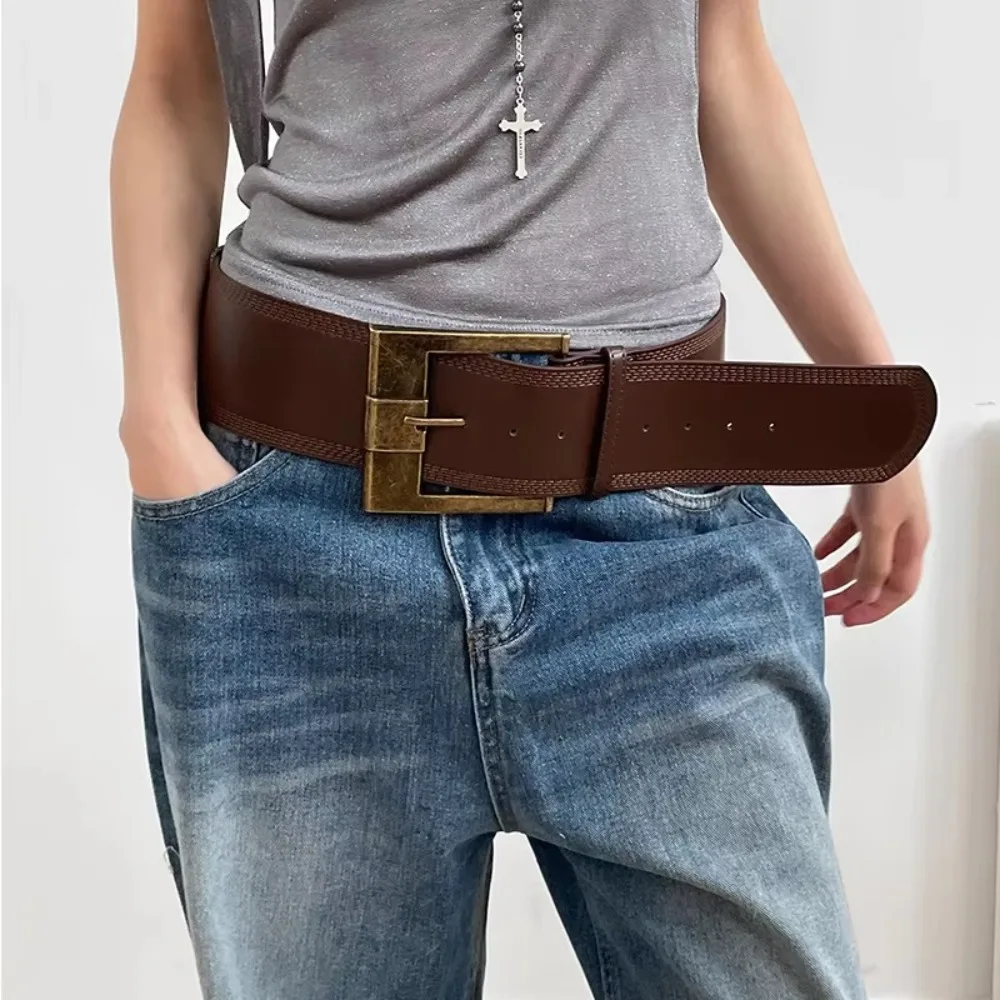 Fashion ikat pinggang lebar Vintage gaya Punk sabuk wanita warna Solid kulit PU gesper logam ikat pinggang Grunge untuk wanita