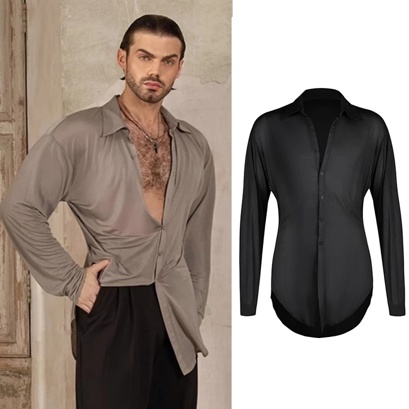 New Men Long Sleeved Ballroom Dance Shirt Adults Samba Salsa Latin Dance Top Male Chacha Rumba Modern Dancing Tops SL11242