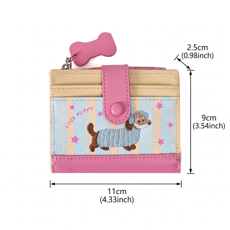 Women's Small Bifold Wallet with Puppy Embroidery, Card Slots and Zipper Coin Pocket Cute Card Holder Purses for Women
