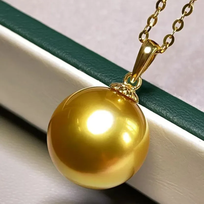 

14-15mm Natural Sea Genuine Gold Round Pearl Necklace Pendant