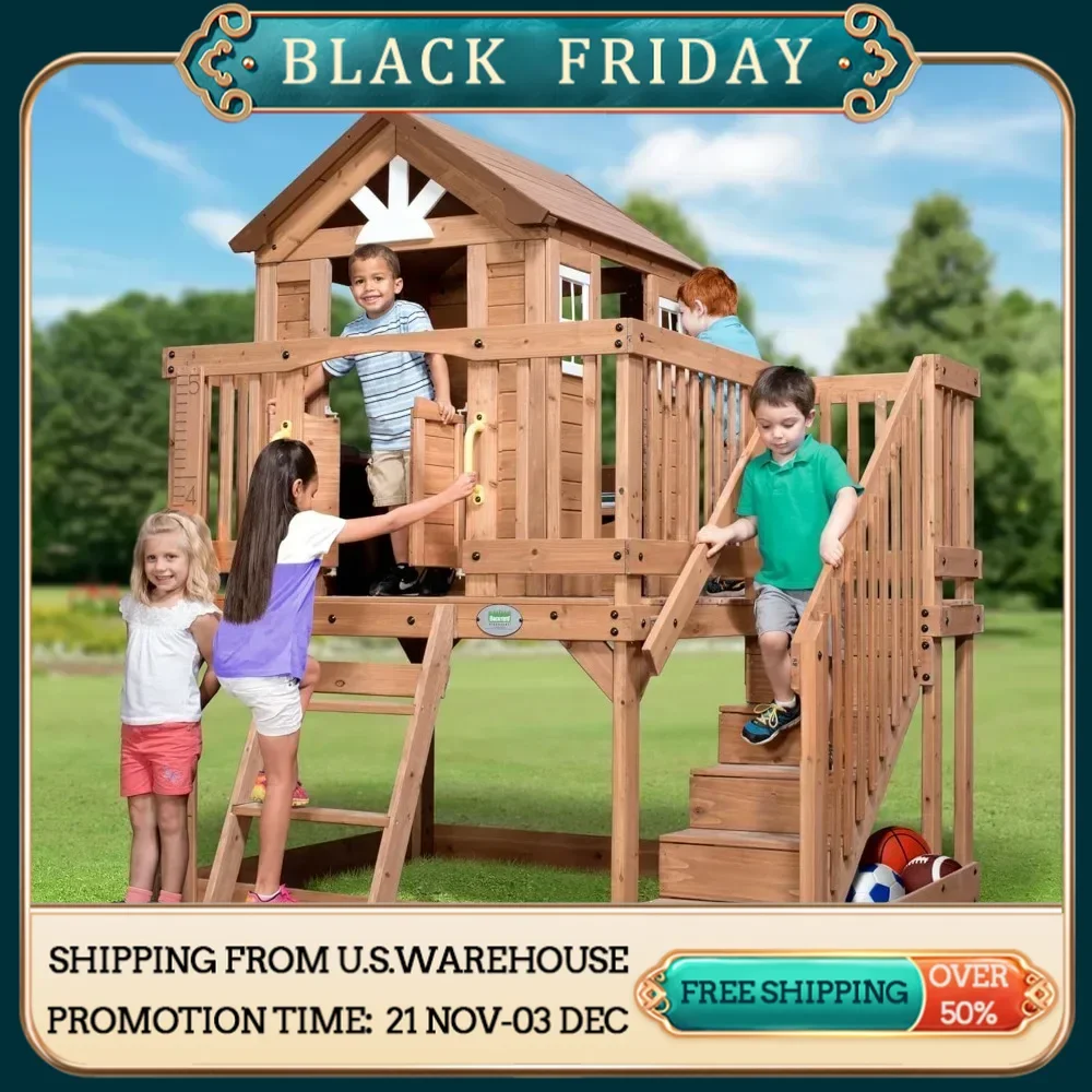 Discovery Scenic Heights All Cedar Wooden Playhouse, Upper Deck Cottage Style, Saloon Style Doors, Ladder, Stairs, Play Sink